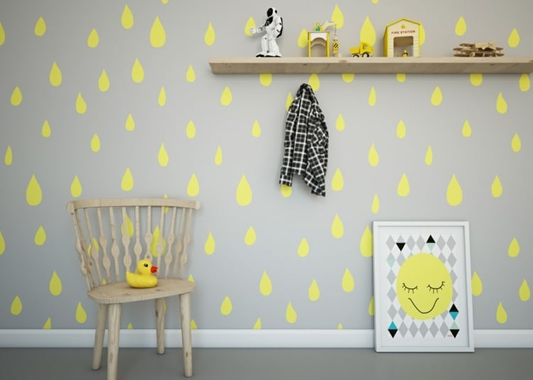 deco-chambre-enfant-peinture-murale-grise-goutte-jaune-panneau