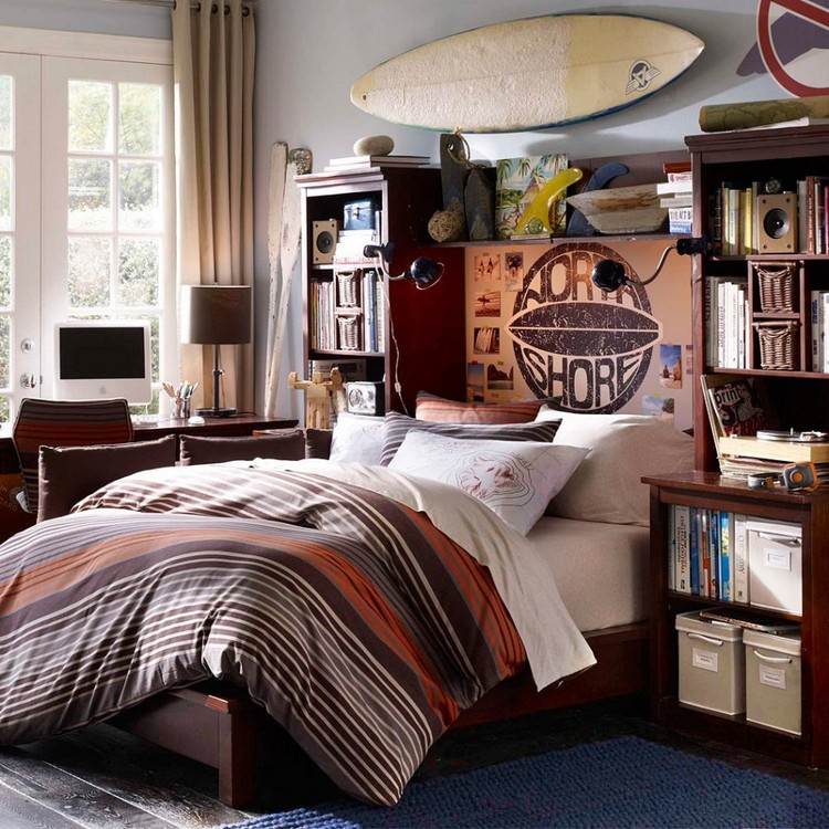 deco-chambre-enfant-theme-surf-grand-lit-armoire-rangement-etageres-livres