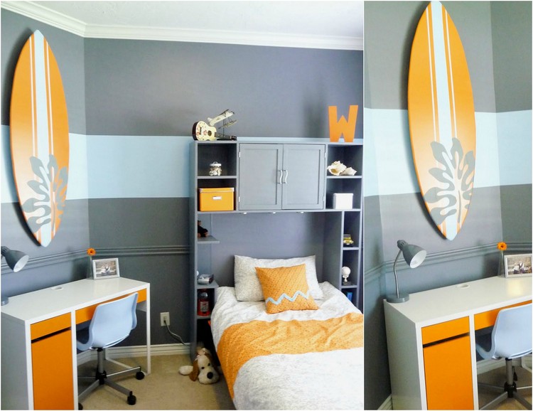 deco-chambre-enfant-theme-surf-peinture-grise-motif-chevron-etageres-rangement-bureau-travail