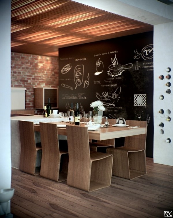 deco-murale-cuisine-tableau-noir-table-chaises-bois déco murale cuisine