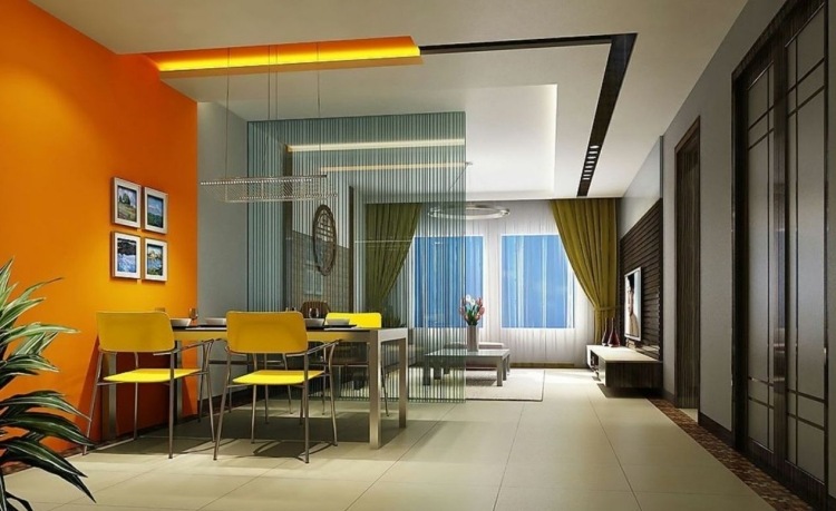 deco-murale-originale-salle-manger-peinture-orange-chaises-jaunes-accents-métalliques