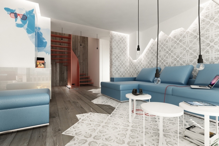 deco-salon-blanc-canapé-cuir-bleu-papier-peint-tapis-blanc-motifs-floraux-escalier-terre-cuite déco salon blanc