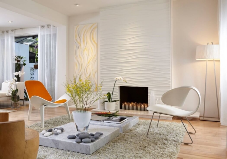 deco-salon-blanc-habillage-cheminée-3d-table-basse-arbre-gris-chaise-blanc-orange