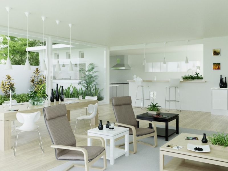 deco-salon-blanc-suspensions-blanches-chaises-grises-table-appoint-noire-plantes-vertes