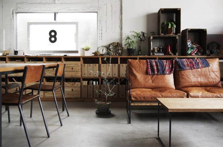 deco-vintage-meubles-canape-droit-rembouree-cuir-table-rectangulaire