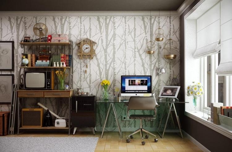 deco-vintage-meubles-chaise-roulettes-tapis-bureau-plateau-verre-papier-trompe-oeil