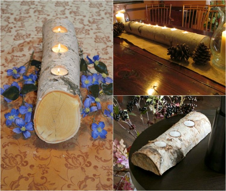 decoration-tronc-bouleau-porte-bougies-pommes-pin-fleurs-bleues tronc de bouleau