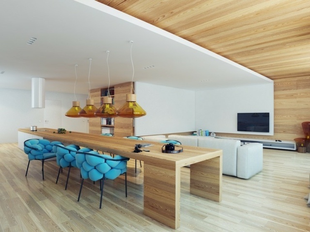 design-mural-cuisine-revêtement-mural-plafond-bois-clair-chaises-bleues-accent