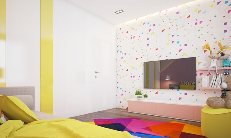 déco-chambre-enfant-peinture-murale-motif-geometrique-etageres-rangement