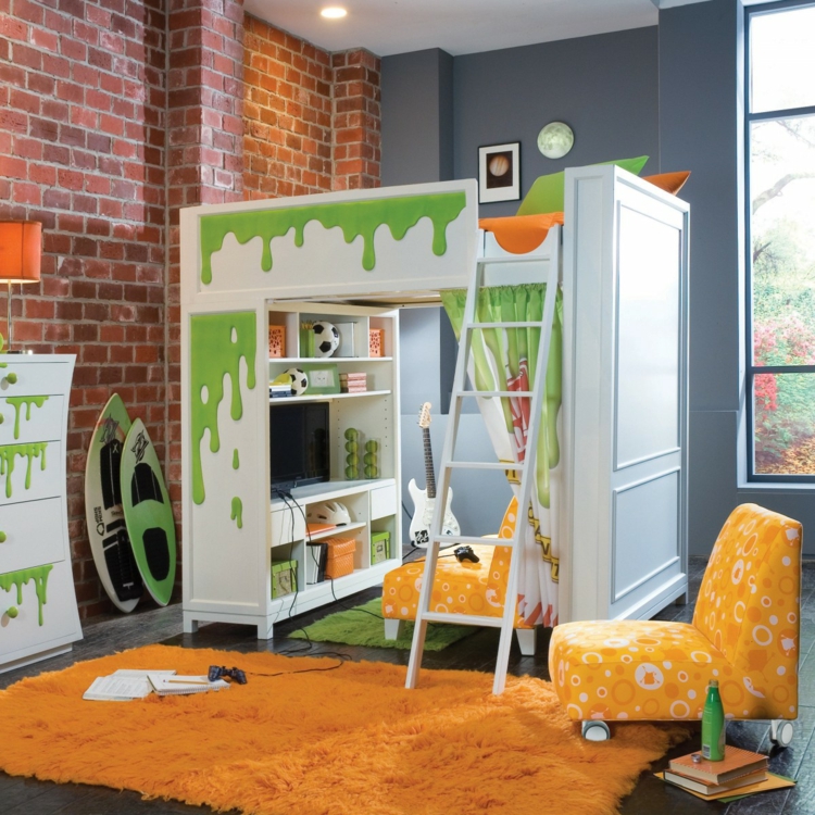déco-chambre-enfant-tapis-jaune-papier-peint-brique-lit-mezzanine