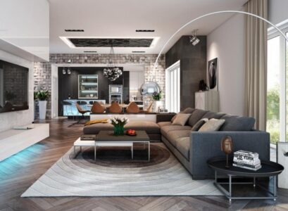 déco-salon-gris-lampe-sol-tapis-coussins-canape-rembouree-table-basse