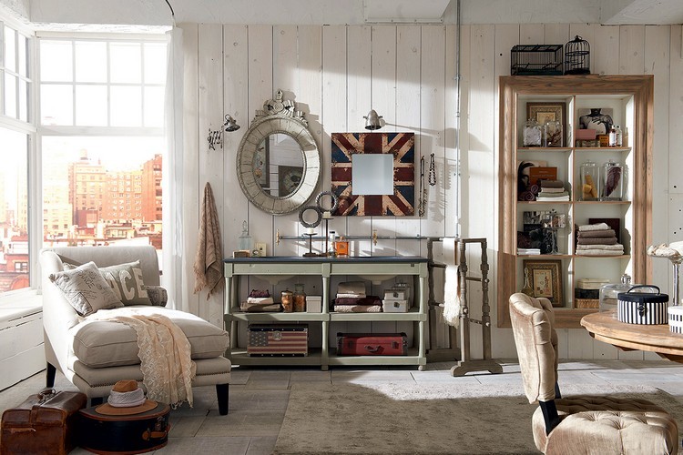 déco-vintage-lambris-bois-blanc-lit-jour-miroirs-tapis