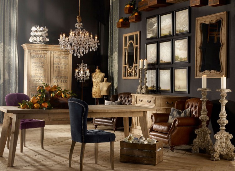 déco-vintage-table-bois-brut-fauteuil-cuir-marron-chaise-parquet