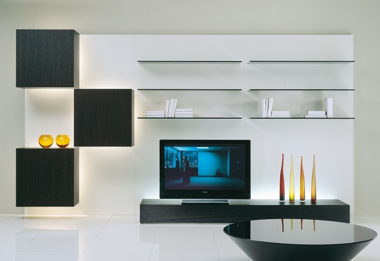 ensemble-mural-tv-led-LIFE-Roberto-Monsani-placage-bois-noir-étagères-verre