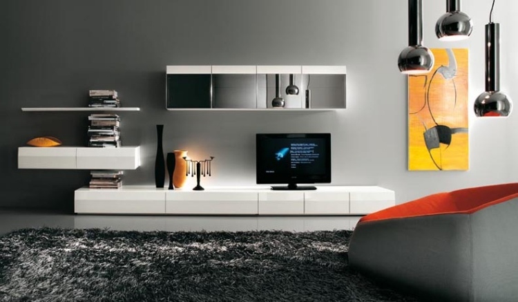 ensemble-mural-tv-led-blanc-noir-étagères-modules-vases-tapis-gris-fauteuil