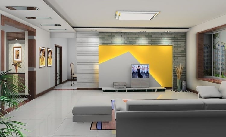 ensemble-mural-tv-led-gris-clair-jaune-mur-brique-grise-canapé-gris ensemble mural tv