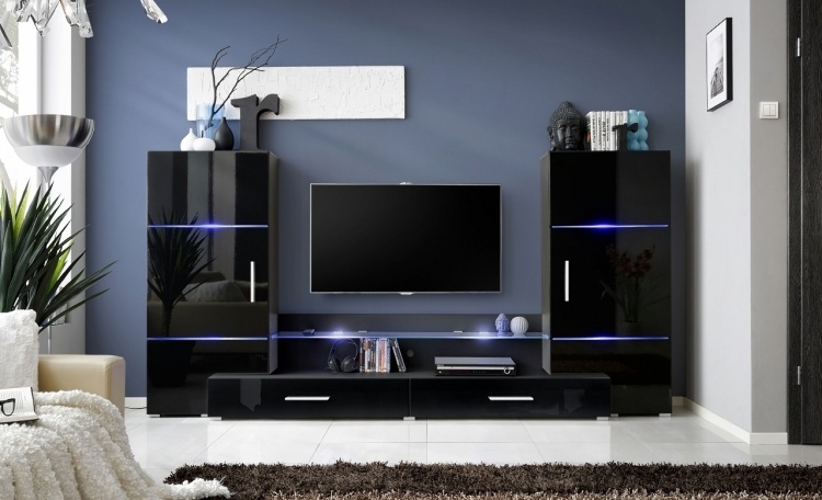 ensemble-mural-tv-led-noir-finition-brillante-led-bleu-tiroirs-armoires-peinture-grise ensemble mural tv