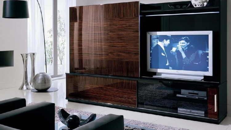 ensemble-mural-tv-led-placage-noyer-finition-laquée-lampe-noire ensemble mural tv