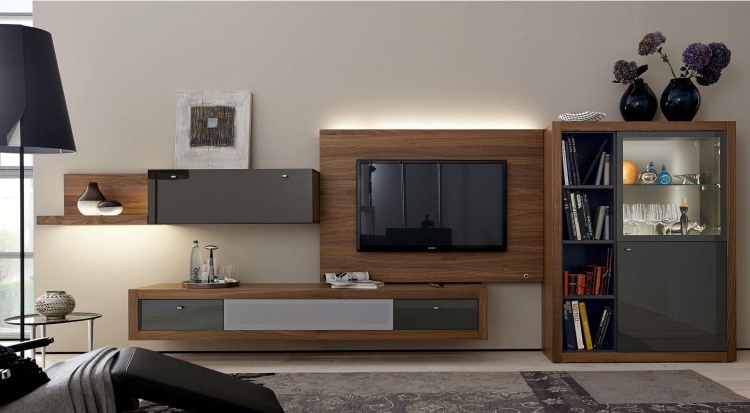 ensemble-mural-tv-led-placage-noyer-module-rangement-lampe-noire ensemble mural tv