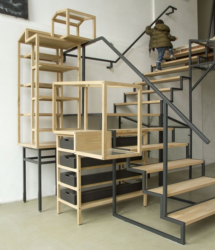 escalier-bois-acier-espace-rangement-pratique
