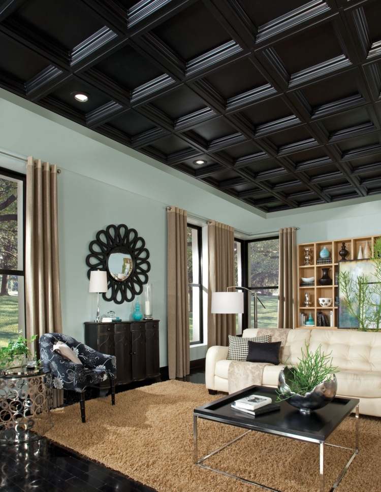 faux plafond  caisson-idee-decoration-canape-droit-rembouree-fauteuil-table-basse-etageres-rangement-bois-tapis