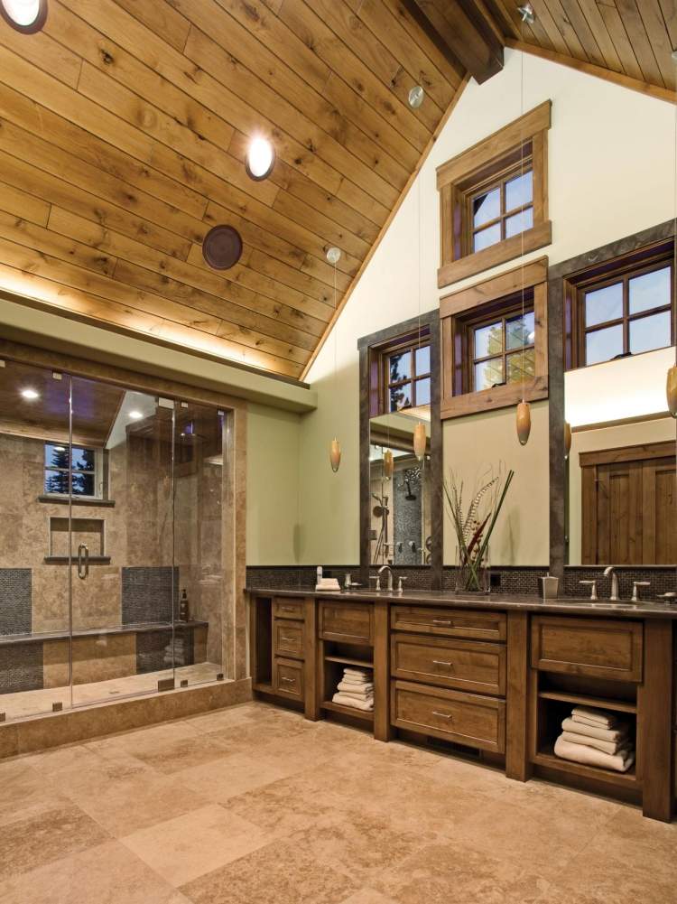 faux-plafond-idee-decoration-aspect-bois-salle-bains-douche-italienne-sous-lavabo