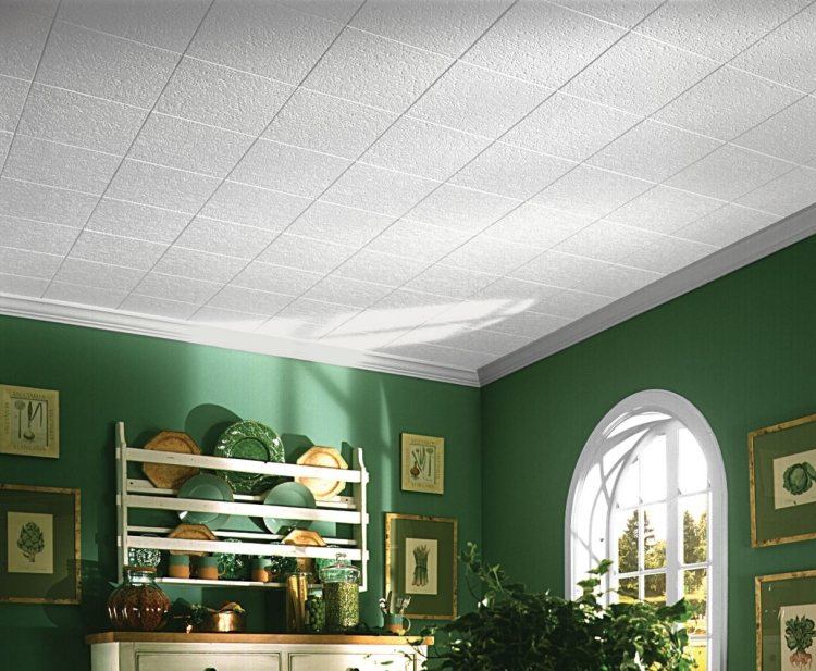 faux-plafond-idee-decoration-peinture-murale-verte-etageres-rangement-assiette