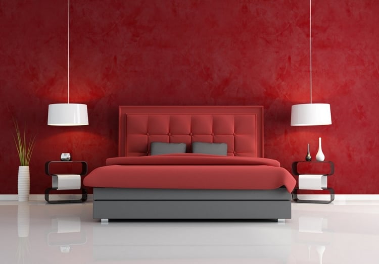 idee-deco-chambre-adulte-peinture-murale-rouge-suspension-grand-lit-coussins