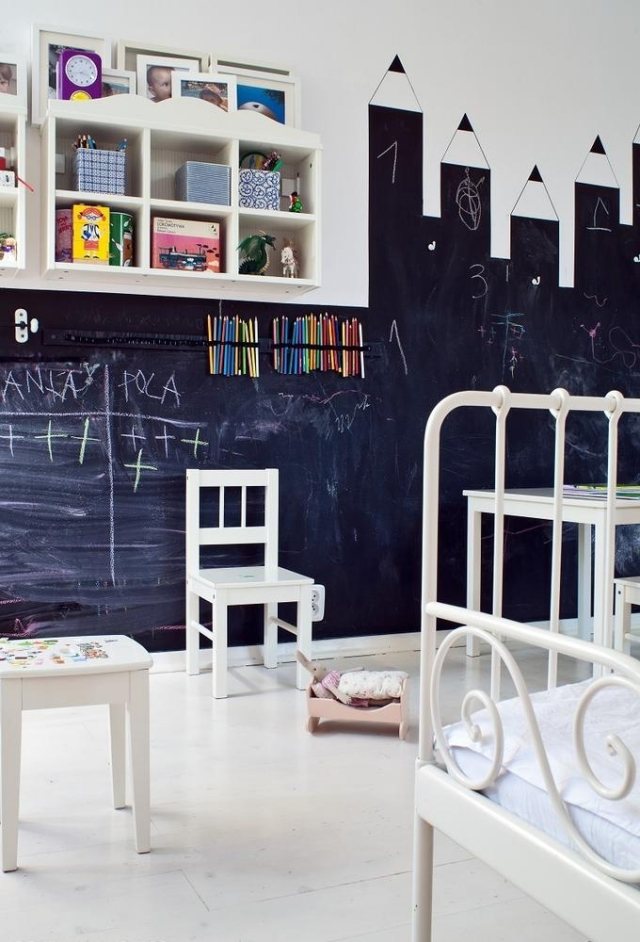 idee-deco-chambre-enfant-peinture-ardoise-etageres-rangement-chaise