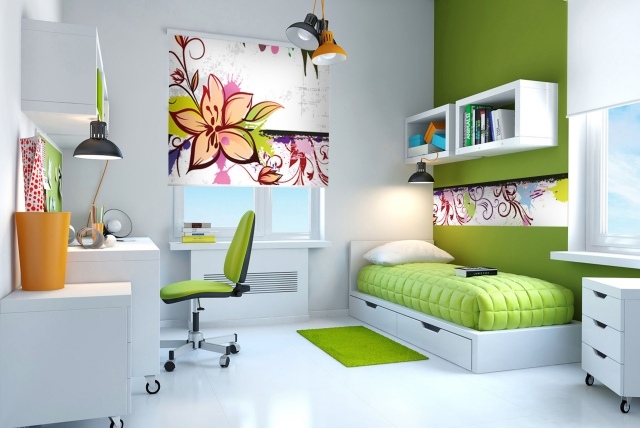 idee-deco-chambre-enfant-peinture-verte-etageres-rangement