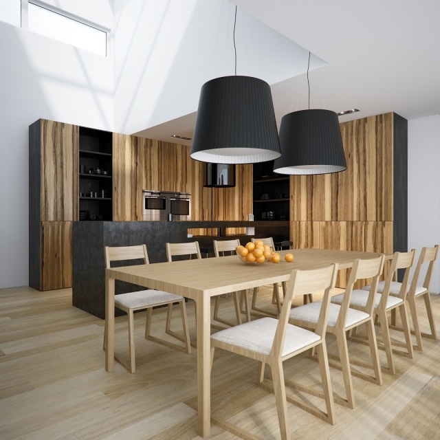 idee-luminaire-intérieur-suspension-noire-table-manger-chaises-bois-parquet-flottant