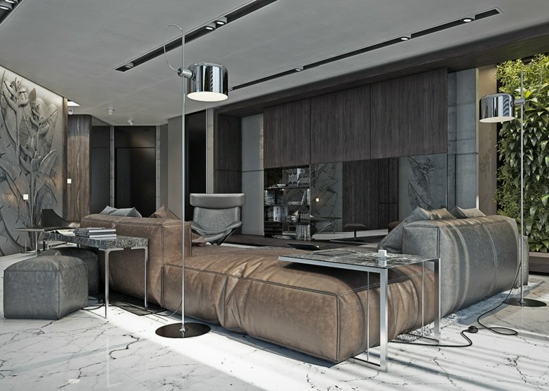 interieur-minimaliste-canapé-cuir-marron-lampes-métalliques-panneau-mural-bois-sombre intérieur minimaliste