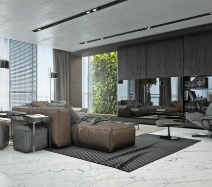 interieur-minimaliste-plancher-marbre-blanc-canapé-marron-fauteuil-futuriste-gris-mur-miroir