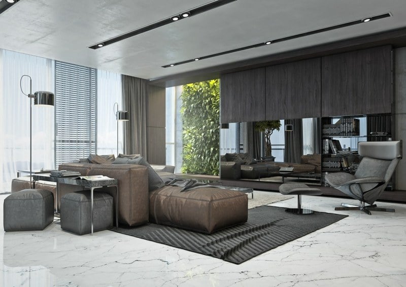 interieur-minimaliste-plancher-marbre-blanc-canapé-marron-fauteuil-futuriste-gris-mur-miroir intérieur minimaliste