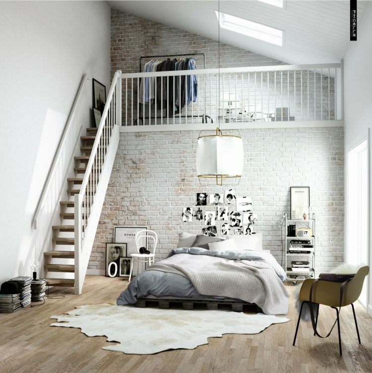intérieur-scandinave-chambre-coucher-mur-brique-tapis-peau-vache-déco-photos-noir-blanc intérieur scandinave