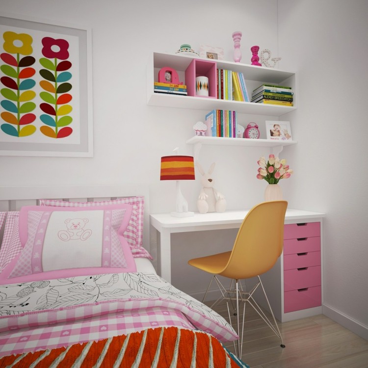 intérieur-scandinave-chambre-enfant-chaise-eames-tableau-motifs-floraux-multicolores