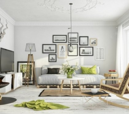 intérieur-scandinave-salon-blanc-canapé-palettes-chaise-bascule-bois-tapis-sisal-cheminée-suspendue