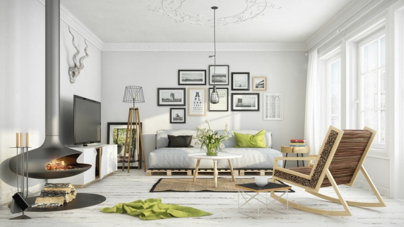 intérieur-scandinave-salon-blanc-canapé-palettes-chaise-bascule-bois-tapis-sisal-cheminée-suspendue intérieur scandinave