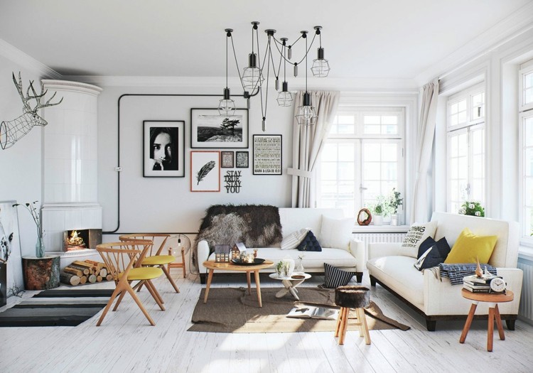 intérieur-scandinave-salon-canapés-blanches-cheminée-rustique-suspensions-métal-tabourets-chaises-bois intérieur scandinave