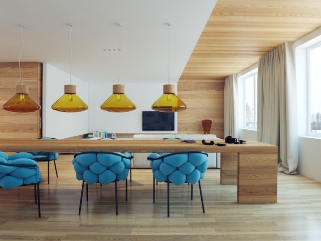 luminaire-intérieur-suspensions-coin-repas-chaises-design-table-rectangulaire
