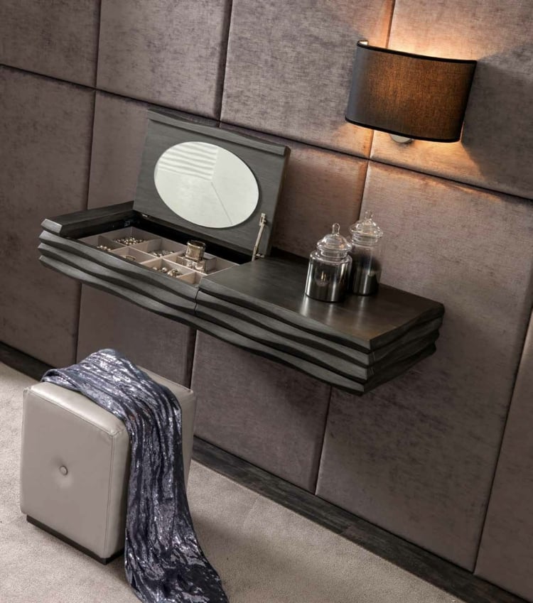 meuble-coiffeuse-table-fixer-mur-tiroirs-miroir-rabattable-tabouret-applique-murale meuble coiffeuse