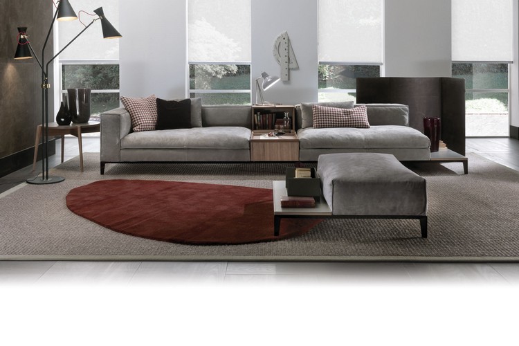 mobilier-design-TAYLOR-Frigerio-canapé-gris-compartiment-rangement-bois-tabouret