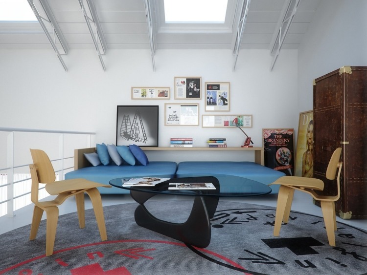 mobilier-industriel-armoire-vintage-canapé-bleu-table-tripode-chaises-bois-tapis-gris