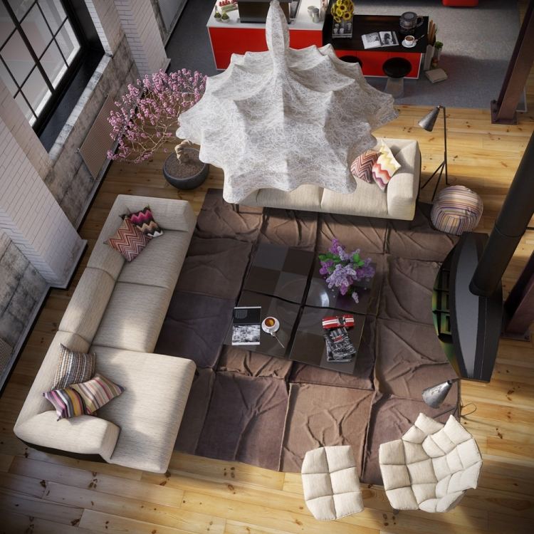 mobilier-industriel-canapé-blanc-tapis-maron-lustre-design-commode-rouge-sol-bois