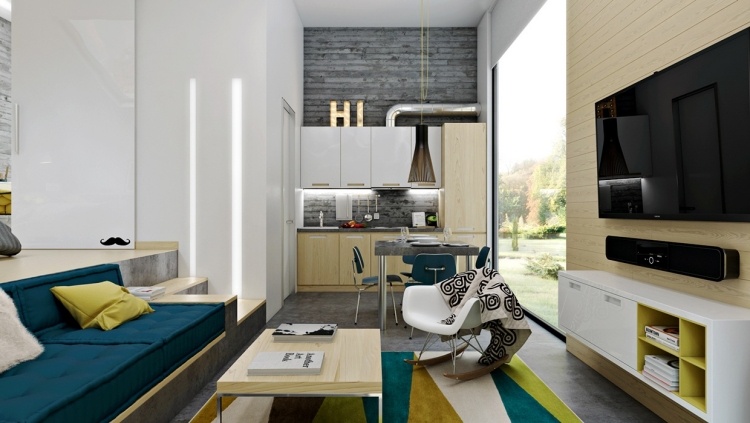 mobilier-industriel-cuisine-mur-bois-grisâtre-canapé-bois-bleu-meuble-tv-moderne