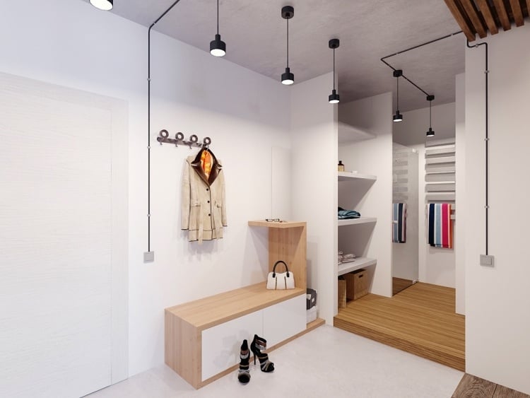 mobilier-industriel-entrée-porte-manteau-bois-clair-plafond-béton-suspensions-noires