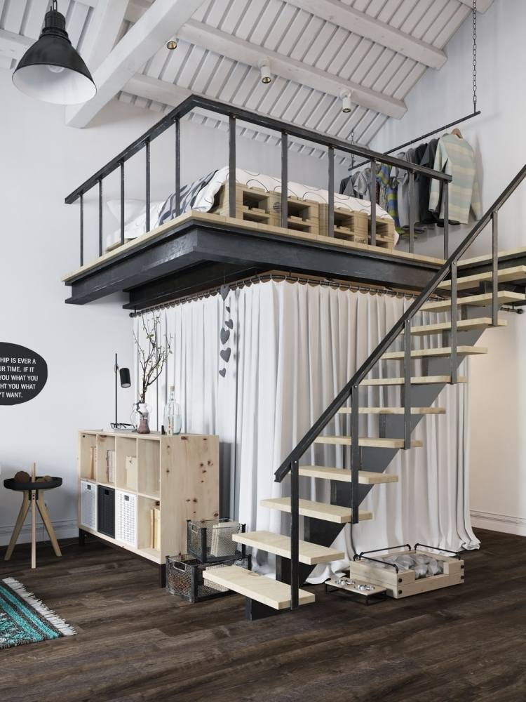 mobilier-industriel-loft-deux-niveaux-coin-couchage-lit-palettes-escalier-bois-fer