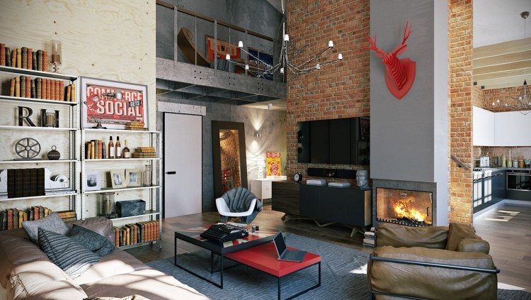 mobilier-industriel-loft-mur-brique-cheminée-moderne-canapé-fauteuil-cuir-meuble-rangement