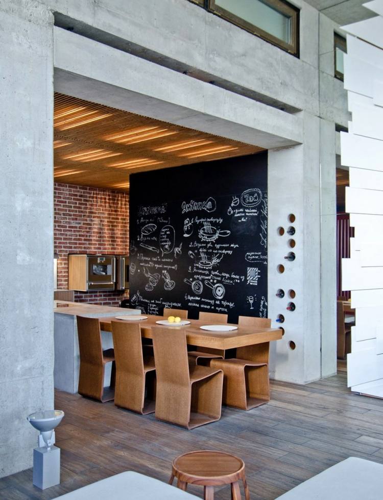 mobilier-industriel-mur-béton-brique-tableau-noir-table-chaises-bois mobilier industriel