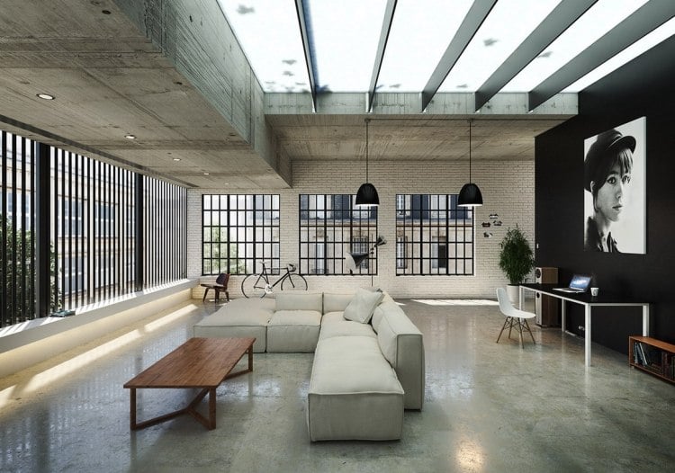 mobilier-industriel-plafond-bois-mur-brique-sol-aspect-béton-poster-noir-blanc mobilier industriel